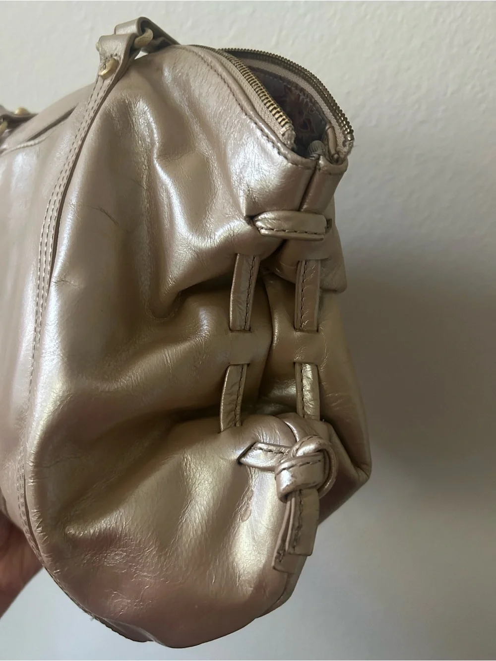 HOBO Metallic Gold Leather Ruched Boho Satchel Shoulder Bag Quiet Luxury